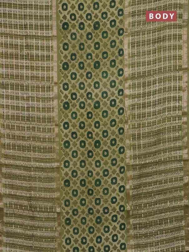 Semi chanderi saree lime green and green with allover ajrakh prints and long printed zari border