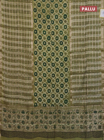 Semi chanderi saree lime green and green with allover ajrakh prints and long printed zari border