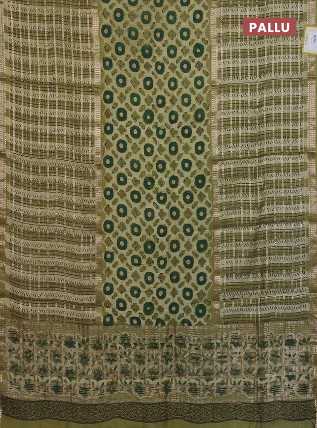 Semi chanderi saree lime green and green with allover ajrakh prints and long printed zari border