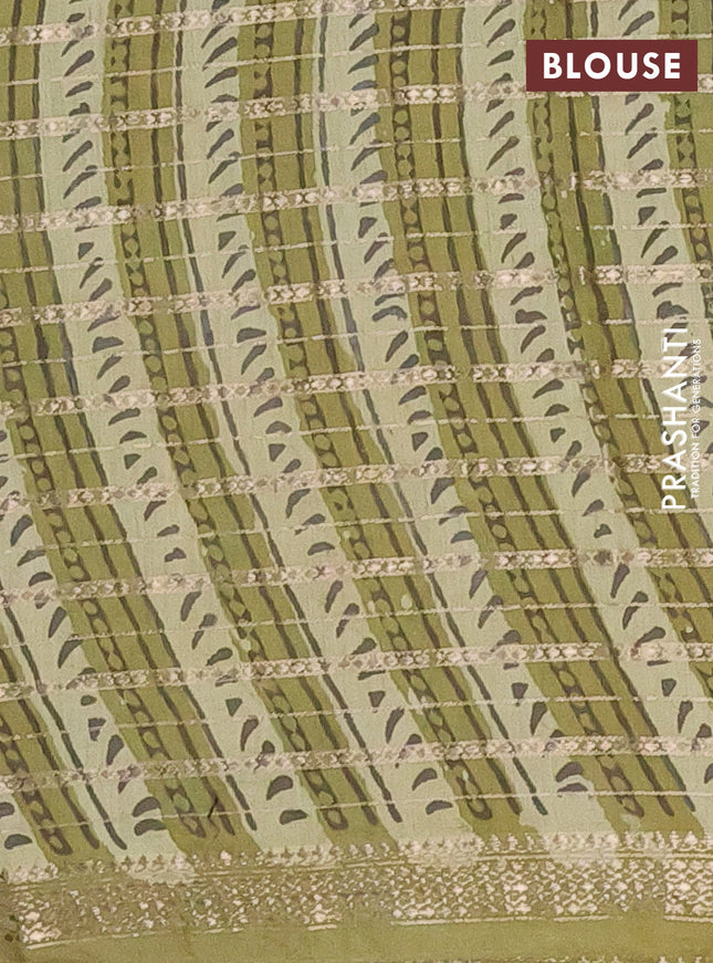 Semi chanderi saree lime green and green with allover ajrakh prints and long printed zari border