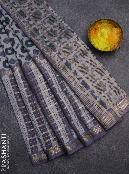 Semi chanderi saree greyish blue and grey with allover ajrakh prints and long printed zari border