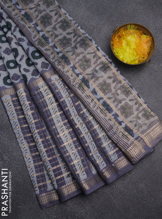 Semi chanderi saree greyish blue and grey with allover ajrakh prints and long printed zari border