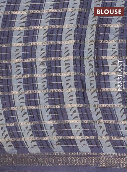 Semi chanderi saree greyish blue and grey with allover ajrakh prints and long printed zari border