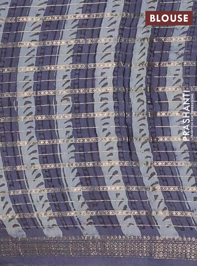 Semi chanderi saree greyish blue and grey with allover ajrakh prints and long printed zari border
