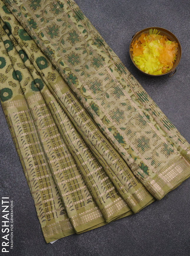 Semi chanderi saree lime green and pastel green with allover ajrakh prints and long printed zari border
