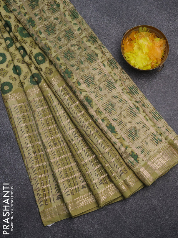 Semi chanderi saree lime green and pastel green with allover ajrakh prints and long printed zari border