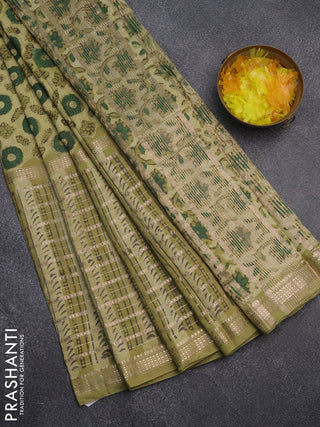 Semi chanderi saree lime green and pastel green with allover ajrakh prints and long printed zari border