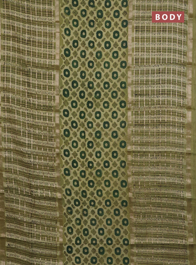 Semi chanderi saree lime green and pastel green with allover ajrakh prints and long printed zari border