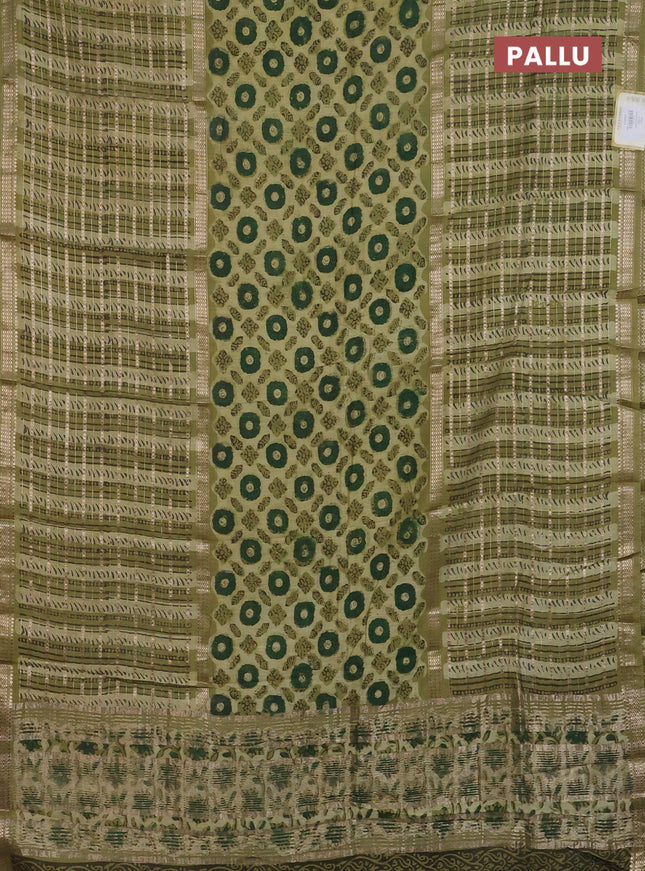 Semi chanderi saree lime green and pastel green with allover ajrakh prints and long printed zari border