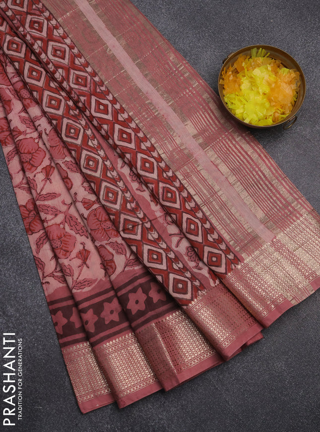 Semi chanderi saree peach shade with allover kalamkari prints and zari woven border