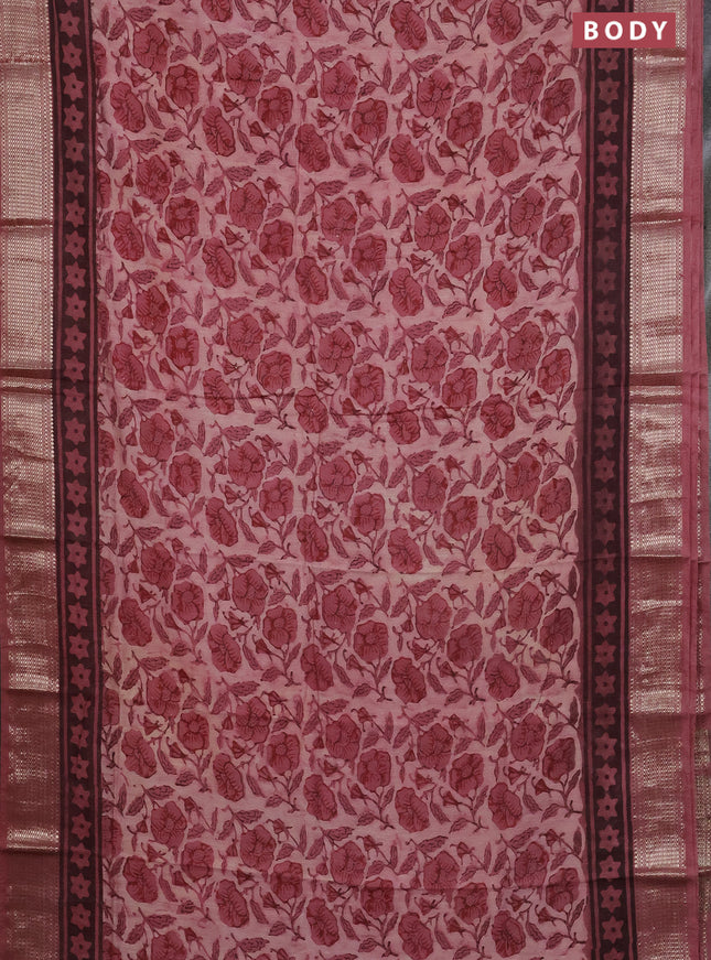 Semi chanderi saree peach shade with allover kalamkari prints and zari woven border