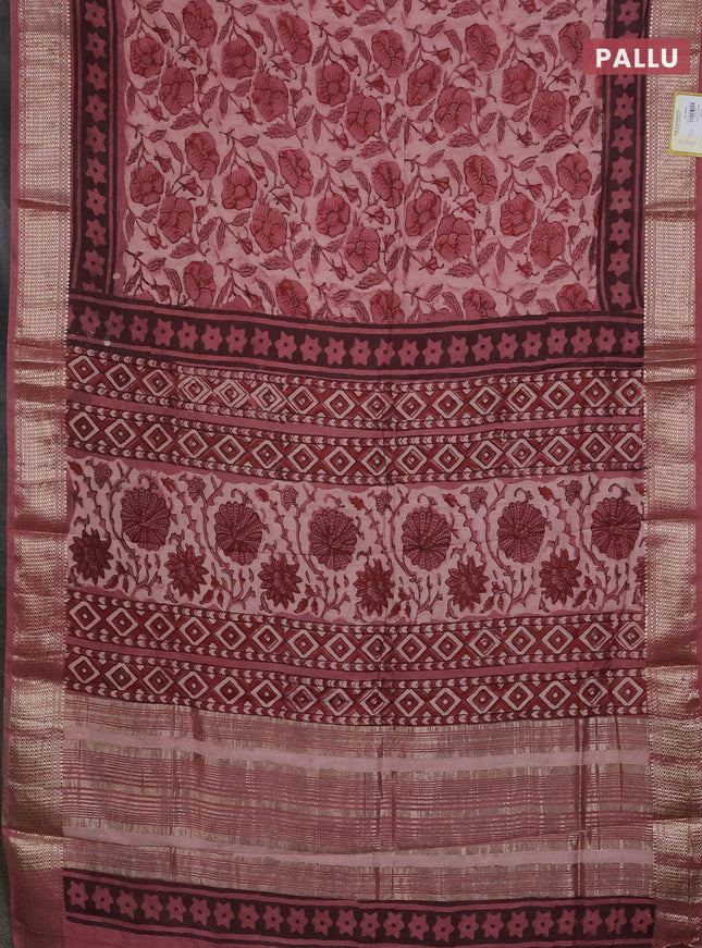 Semi chanderi saree peach shade with allover kalamkari prints and zari woven border