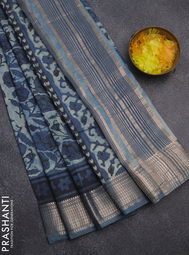 Semi chanderi saree indigo blue and blue with allover kalamkari prints and zari woven border