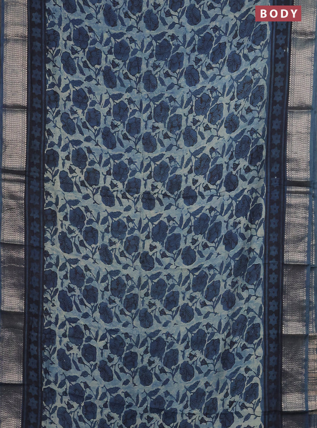 Semi chanderi saree indigo blue and blue with allover kalamkari prints and zari woven border