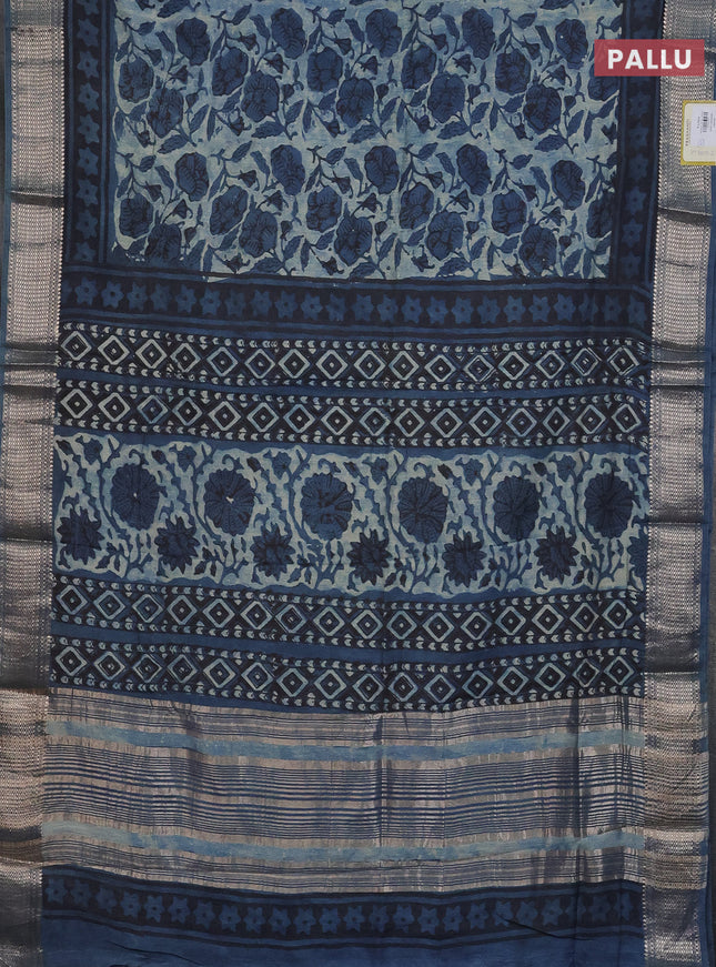 Semi chanderi saree indigo blue and blue with allover kalamkari prints and zari woven border