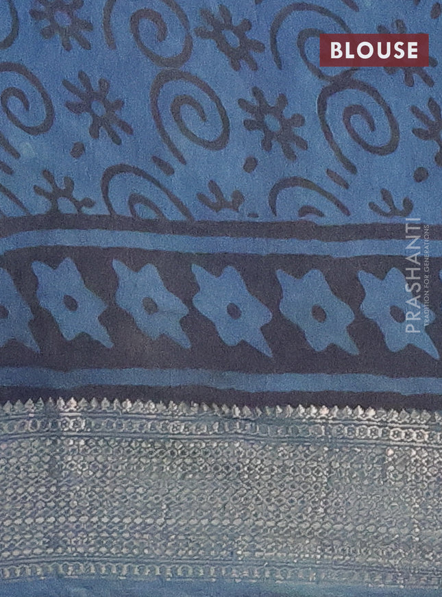Semi chanderi saree indigo blue and blue with allover kalamkari prints and zari woven border