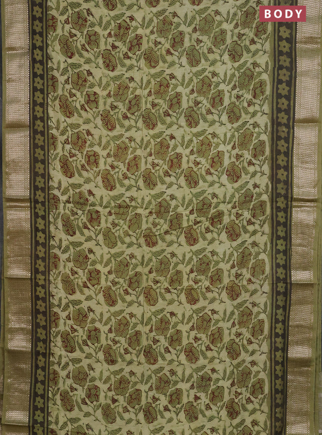 Semi chanderi saree pista green and sap green with allover kalamkari prints and zari woven border