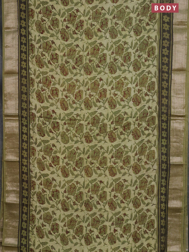 Semi chanderi saree pista green and sap green with allover kalamkari prints and zari woven border