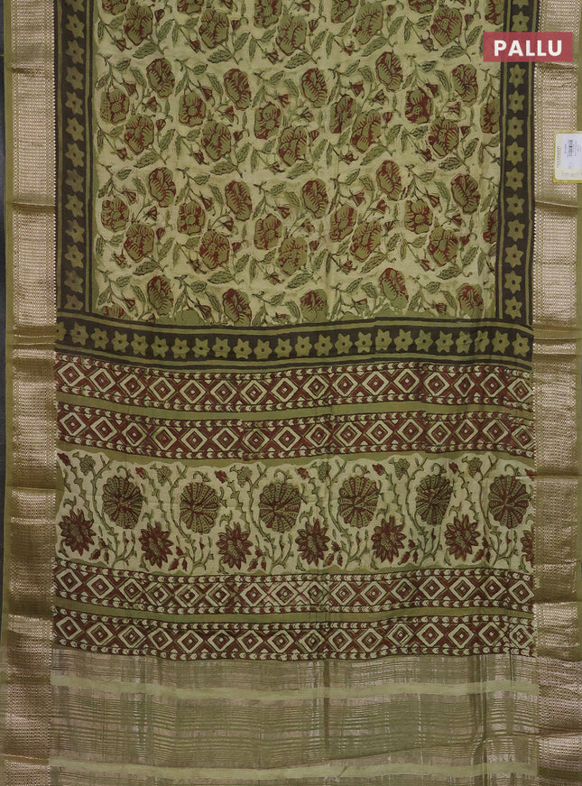 Semi chanderi saree pista green and sap green with allover kalamkari prints and zari woven border