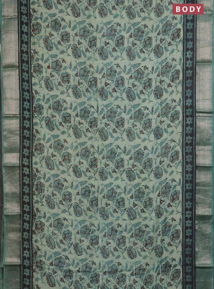 Semi chanderi saree pastel green and teal green shade with allover kalamkari prints and zari woven border