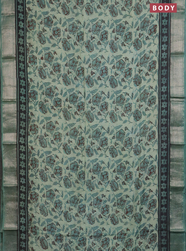 Semi chanderi saree pastel green and teal green shade with allover kalamkari prints and zari woven border