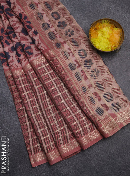 Semi chanderi saree pastel peach  with allover kalamkari prints and long printed zari border