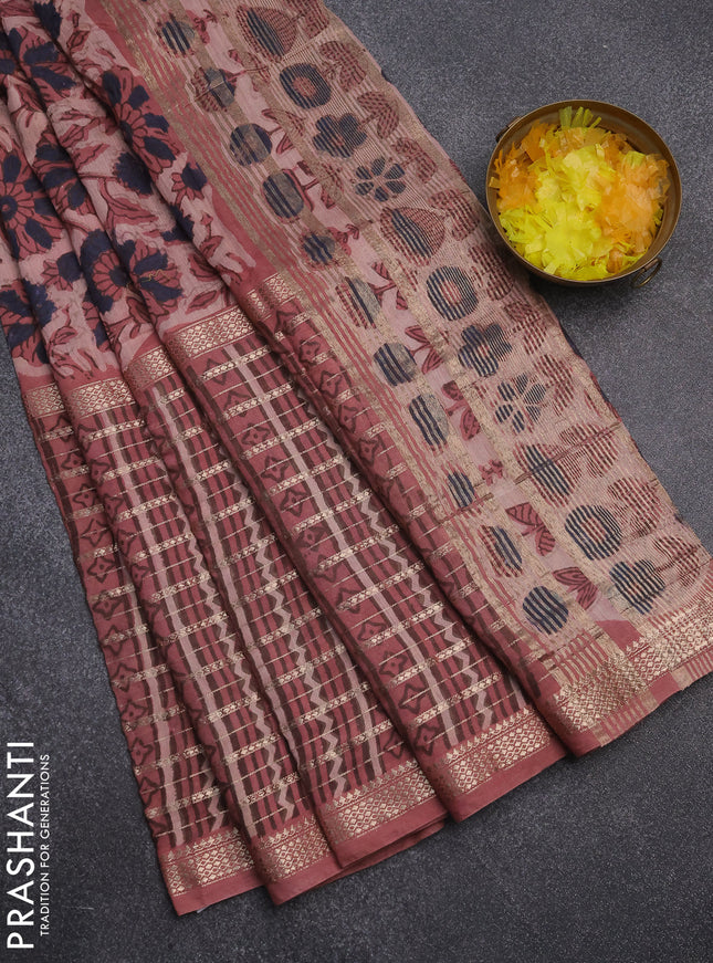 Semi chanderi saree pastel peach  with allover kalamkari prints and long printed zari border