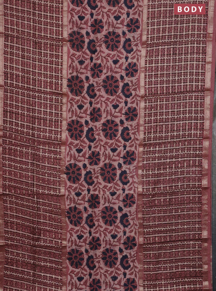 Semi chanderi saree pastel peach  with allover kalamkari prints and long printed zari border