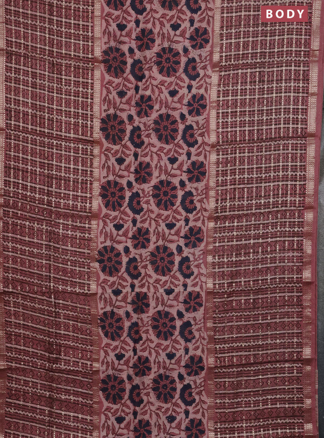 Semi chanderi saree pastel peach  with allover kalamkari prints and long printed zari border