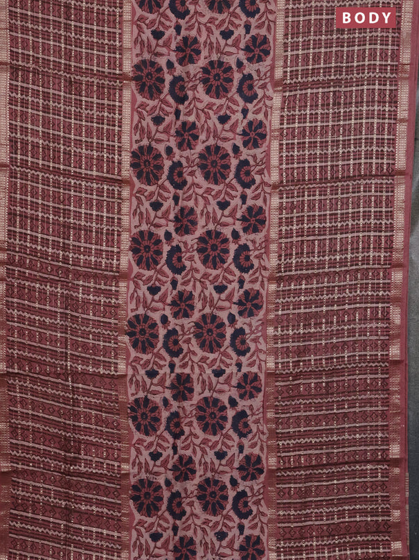 Semi chanderi saree pastel peach  with allover kalamkari prints and long printed zari border