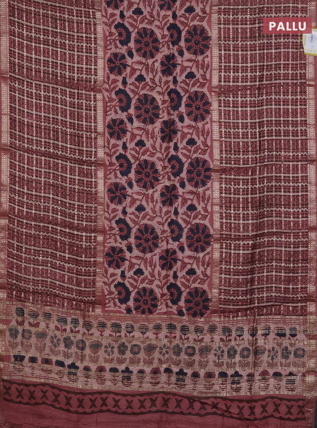 Semi chanderi saree pastel peach  with allover kalamkari prints and long printed zari border