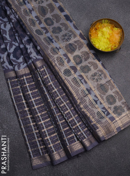 Semi chanderi saree greyish blue and grey with allover kalamkari prints and long printed zari border