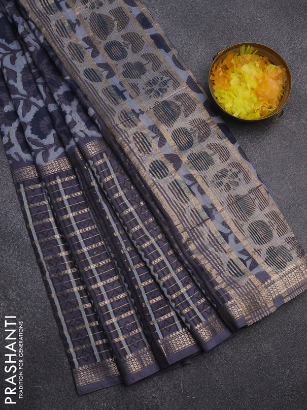 Semi chanderi saree greyish blue and grey with allover kalamkari prints and long printed zari border