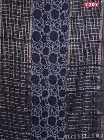 Semi chanderi saree greyish blue and grey with allover kalamkari prints and long printed zari border