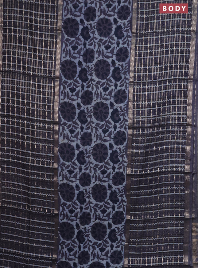 Semi chanderi saree greyish blue and grey with allover kalamkari prints and long printed zari border