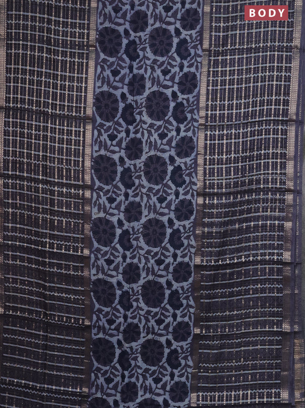 Semi chanderi saree greyish blue and grey with allover kalamkari prints and long printed zari border