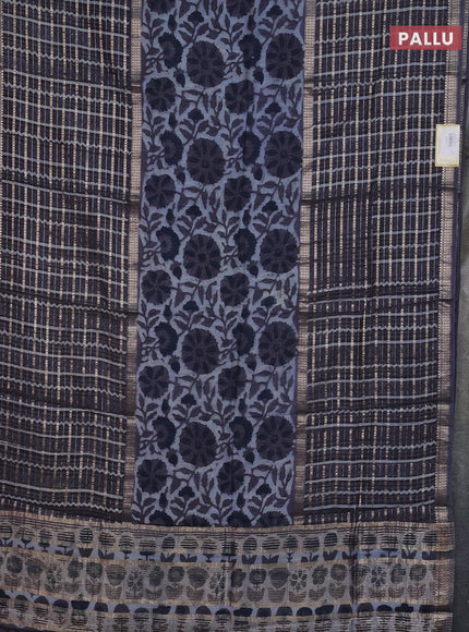 Semi chanderi saree greyish blue and grey with allover kalamkari prints and long printed zari border