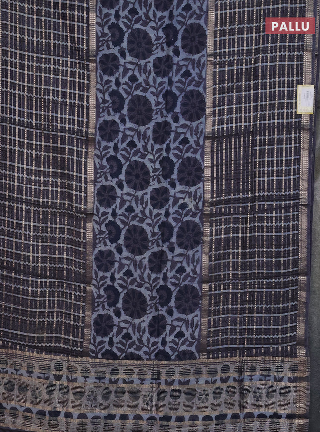 Semi chanderi saree greyish blue and grey with allover kalamkari prints and long printed zari border