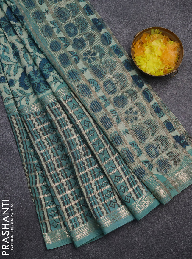 Semi chanderi saree pastel green and teal green with allover kalamkari prints and long printed zari border
