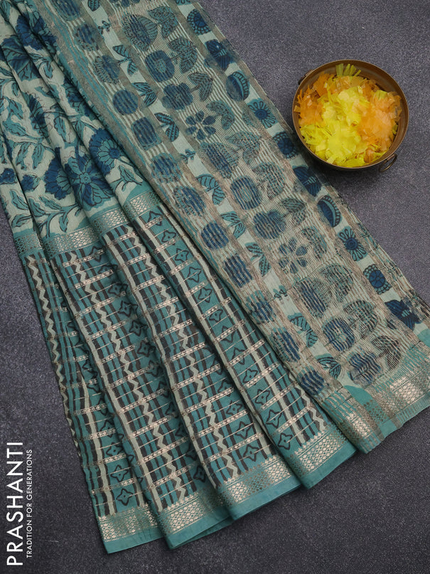 Semi chanderi saree pastel green and teal green with allover kalamkari prints and long printed zari border