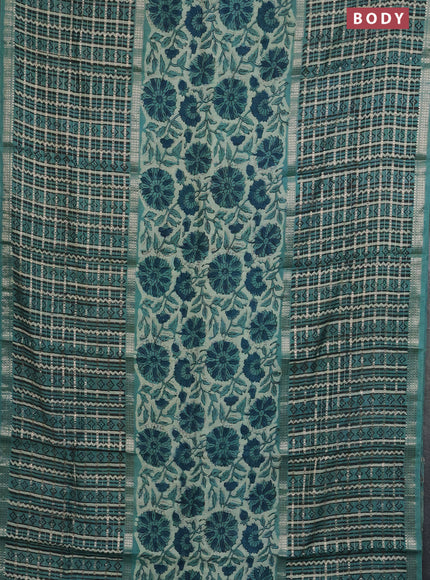 Semi chanderi saree pastel green and teal green with allover kalamkari prints and long printed zari border