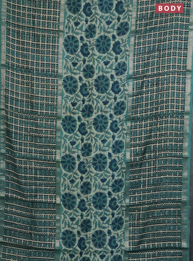 Semi chanderi saree pastel green and teal green with allover kalamkari prints and long printed zari border