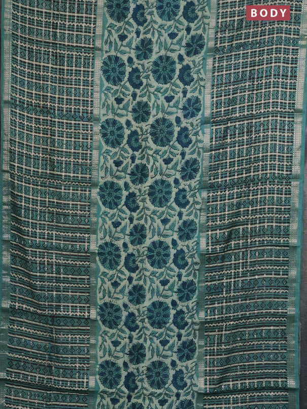 Semi chanderi saree pastel green and teal green with allover kalamkari prints and long printed zari border