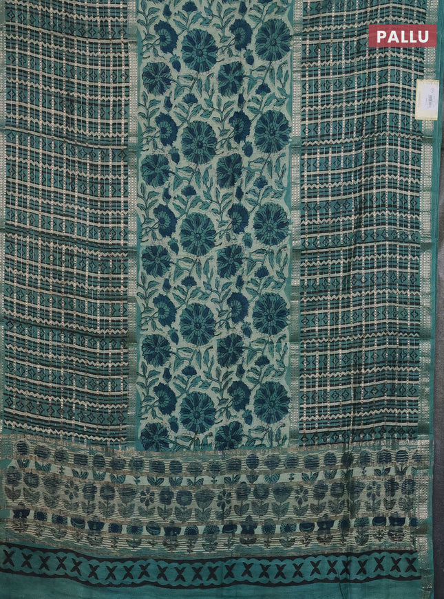 Semi chanderi saree pastel green and teal green with allover kalamkari prints and long printed zari border