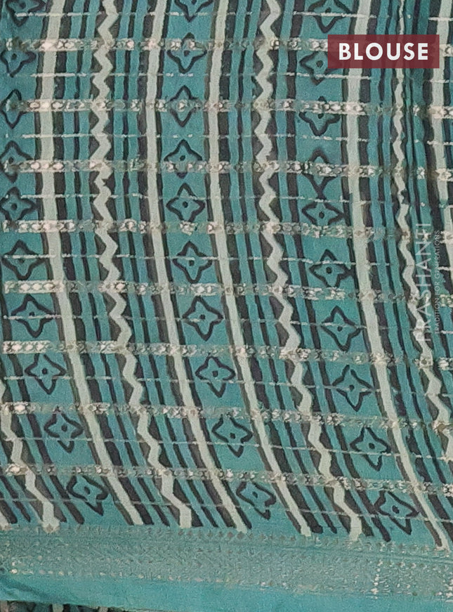 Semi chanderi saree pastel green and teal green with allover kalamkari prints and long printed zari border