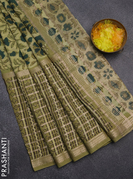 Semi chanderi saree pista green with allover kalamkari prints and long printed zari border