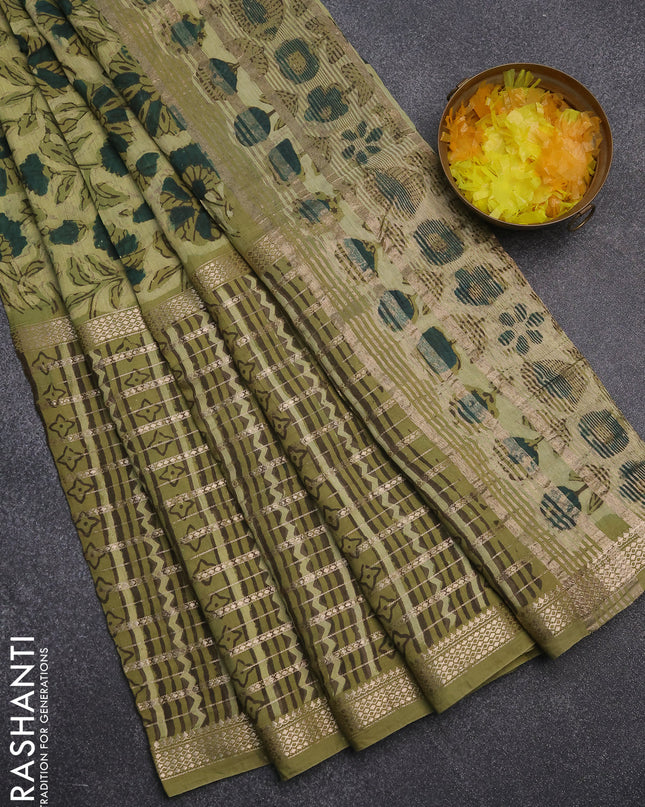Semi chanderi saree pista green with allover kalamkari prints and long printed zari border