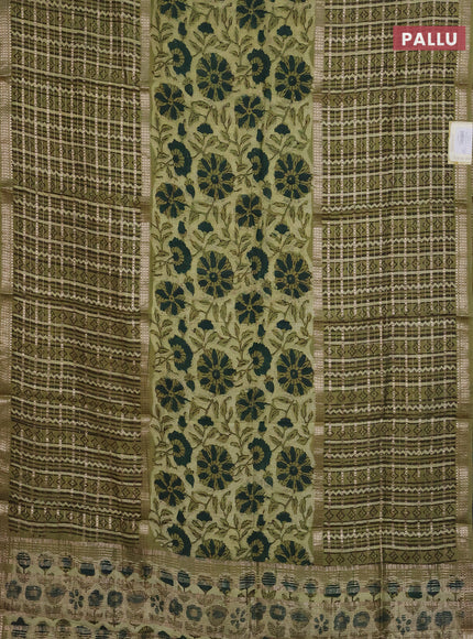 Semi chanderi saree pista green with allover kalamkari prints and long printed zari border