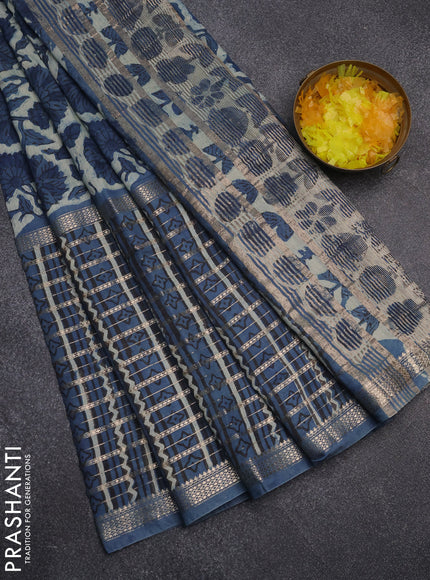 Semi chanderi saree beige and peacock blue with allover kalamkari prints and long printed zari border