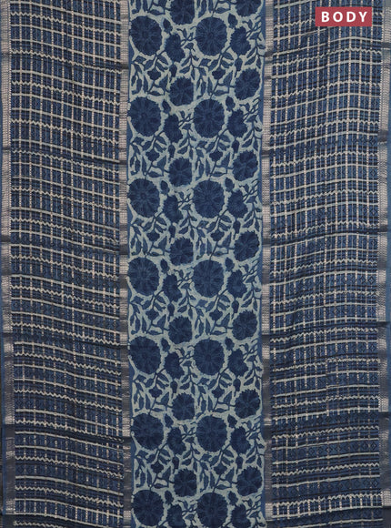 Semi chanderi saree beige and peacock blue with allover kalamkari prints and long printed zari border